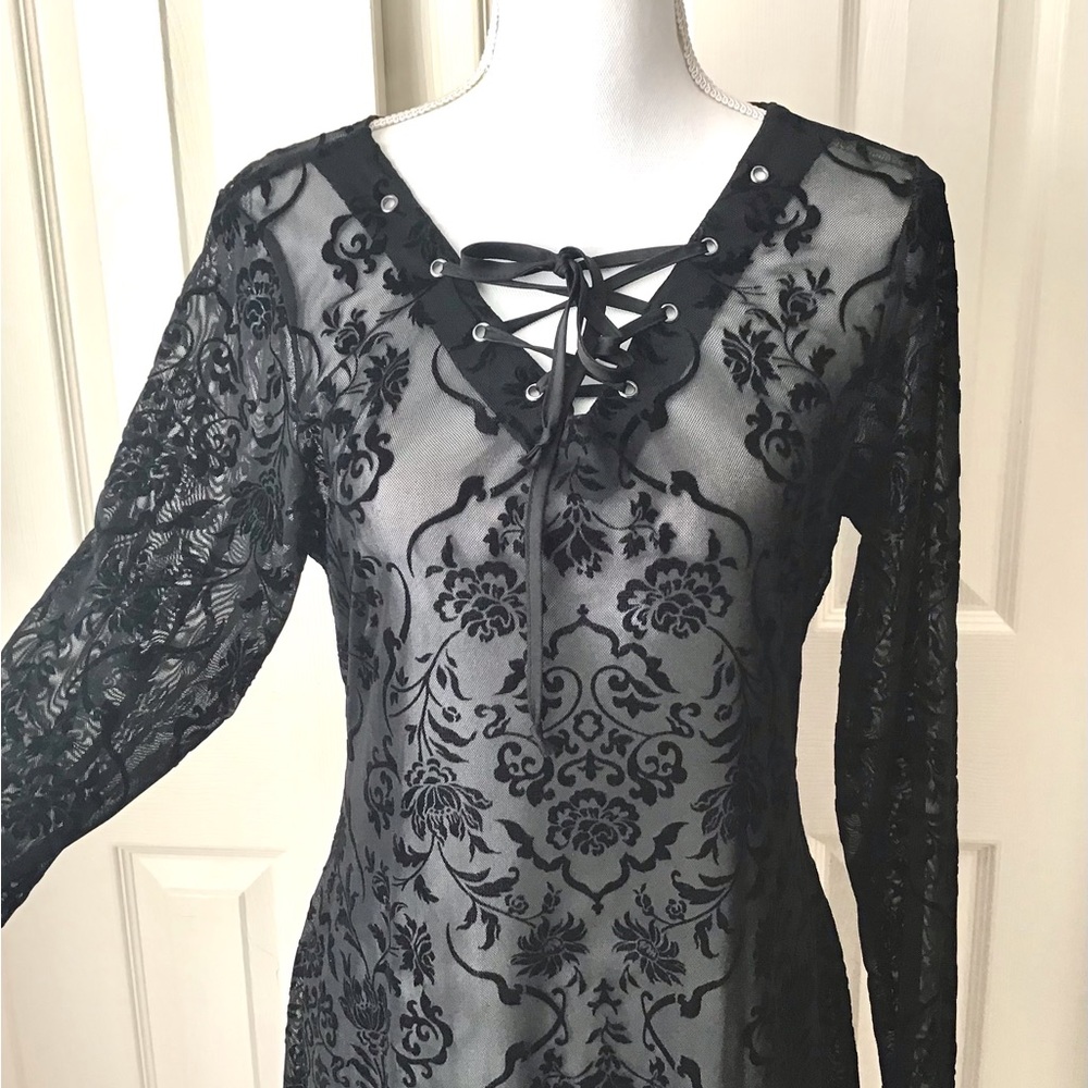 Xhilaration Womens L Dress Long Black Lace See Through Netting Black Velvet Burn